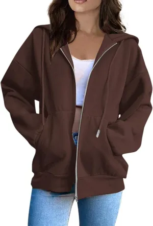 Hoodies for Women Long Sleeve Fall Fashion 2024 Oversized Zip Up Sweatshirts Solid Light Hoodie Jacket with Pockets