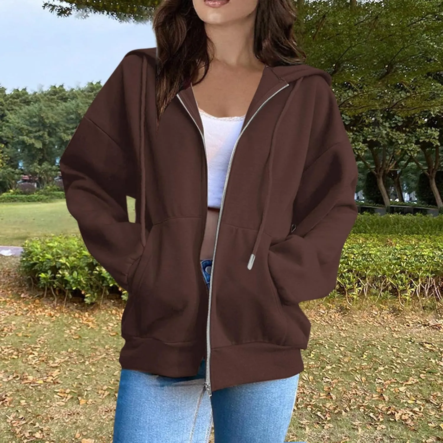 Hoodies for Women Long Sleeve Fall Fashion 2024 Oversized Zip Up Sweatshirts Solid Light Hoodie Jacket with Pockets
