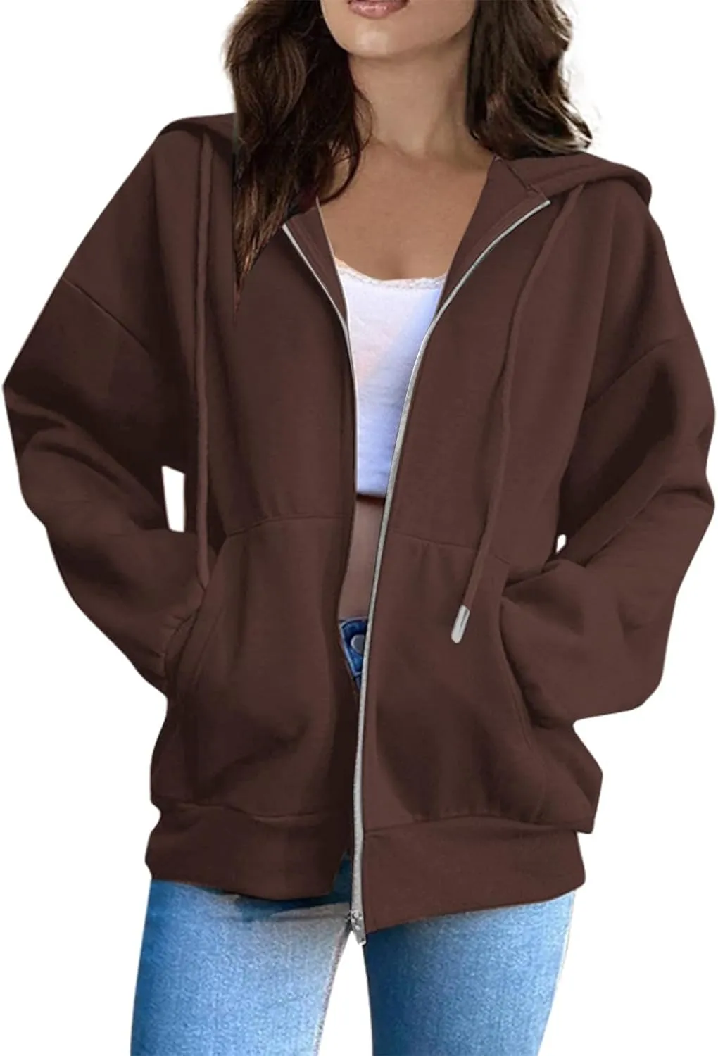 Hoodies for Women Long Sleeve Fall Fashion 2024 Oversized Zip Up Sweatshirts Solid Light Hoodie Jacket with Pockets