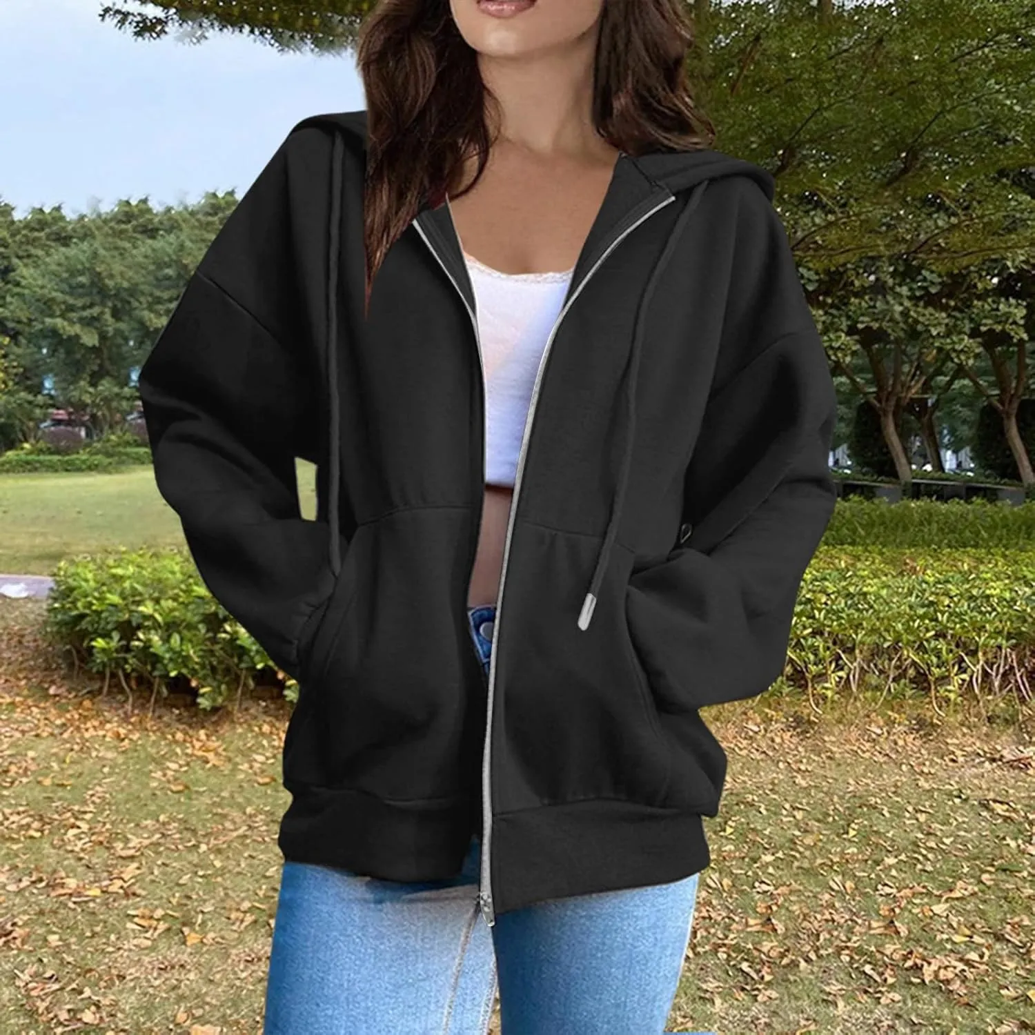 Hoodies for Women Long Sleeve Fall Fashion 2024 Oversized Zip Up Sweatshirts Solid Light Hoodie Jacket with Pockets