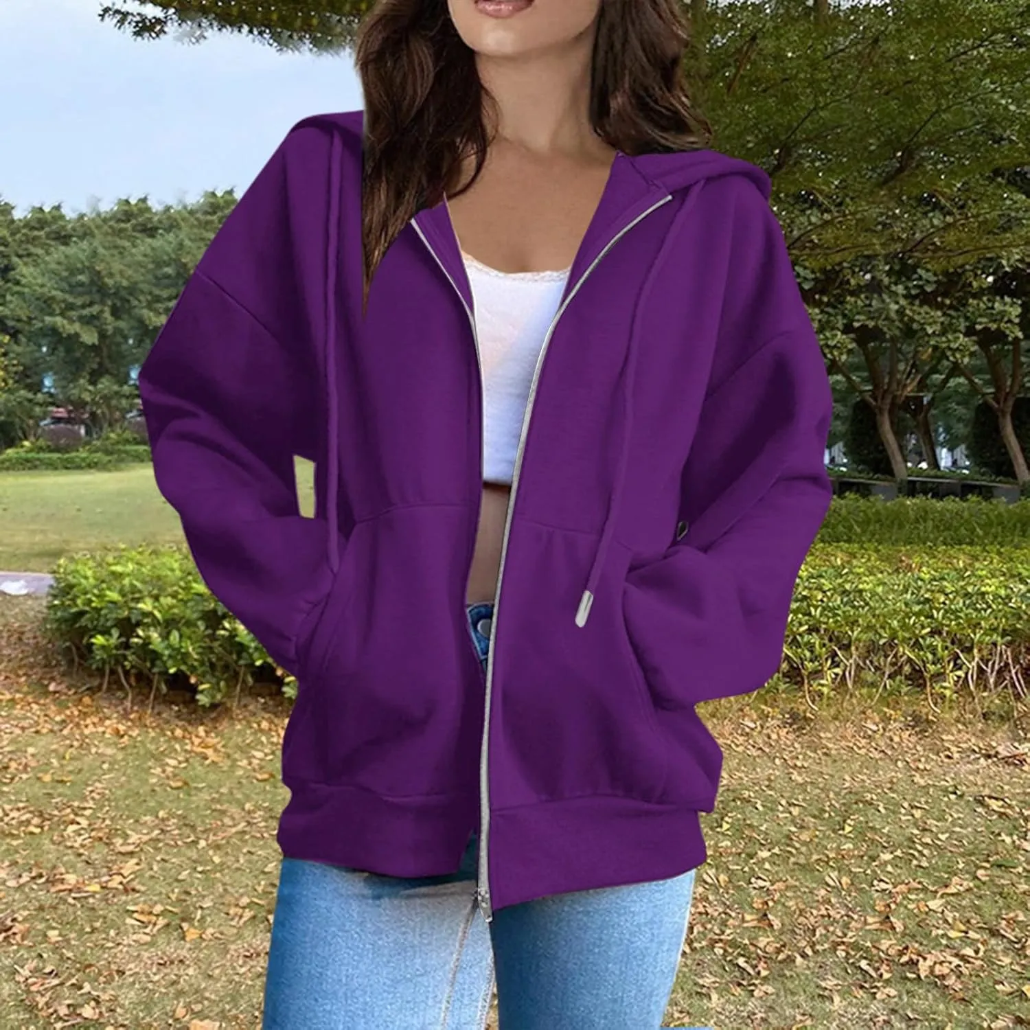 Hoodies for Women Long Sleeve Fall Fashion 2024 Oversized Zip Up Sweatshirts Solid Light Hoodie Jacket with Pockets