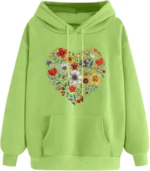 Hoodies for Women Long Sleeve Heart Print Graphic Tee Shirts Causal Fashion Drawstring Hooded Sweatshirts Gift Shirts