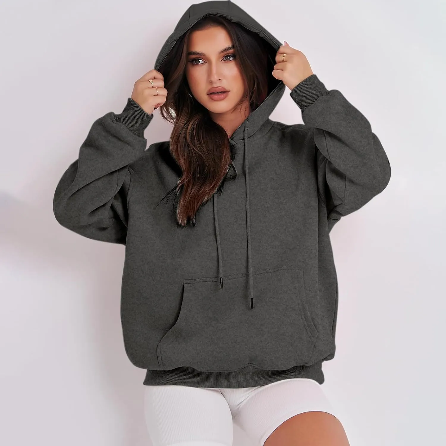 Hoodies for Women Oversized Solid Color Long Sleeve Hooded Sweater Basic Pullover Sweatshirts with Pocket