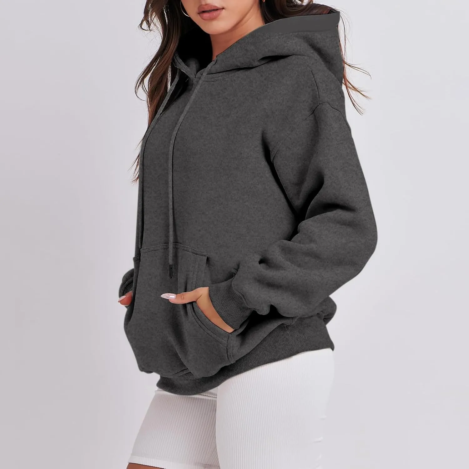 Hoodies for Women Oversized Solid Color Long Sleeve Hooded Sweater Basic Pullover Sweatshirts with Pocket