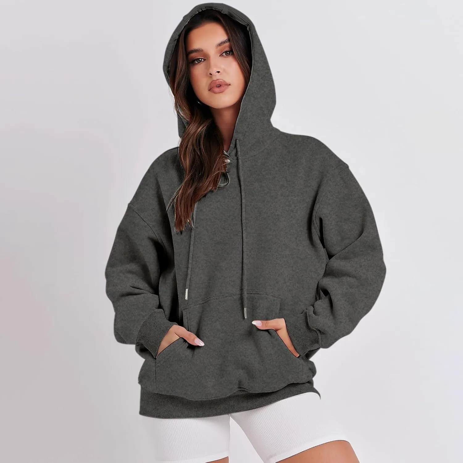 Hoodies for Women Oversized Solid Color Long Sleeve Hooded Sweater Basic Pullover Sweatshirts with Pocket