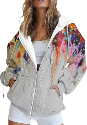Hoodies for Women Stylish Zip Up Hoodie Long Sleeve Print Sweatshirts Casual Fashion Jackets with Pocket Fall Outfits
