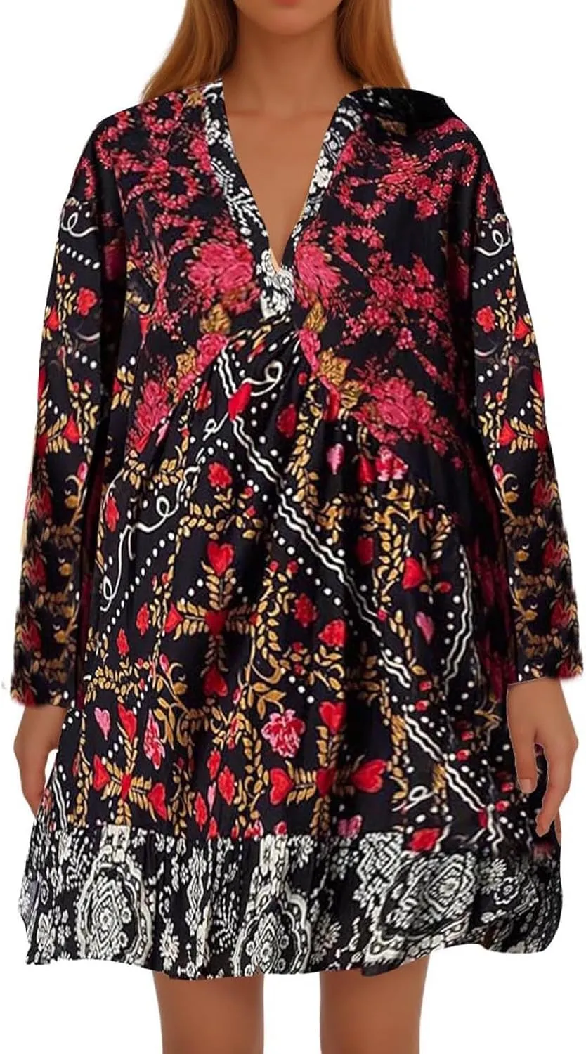 Hot Short Mini Dress Babydoll Dresses for Women Boho Y2K Fall Dress Flowy Deep V Neck Floral Long Sleeve