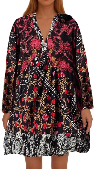 Hot Short Mini Dress Babydoll Dresses for Women Boho Y2K Fall Dress Flowy Deep V Neck Floral Long Sleeve
