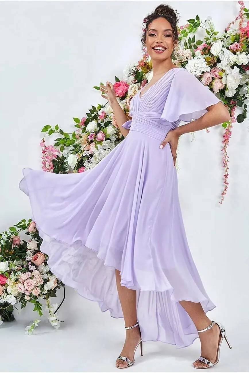 IIF Short Sleeve Bridesmaid Dresses with Pockets High Low Chiffon Formal Dresses for Women Wedding Guest IIF108