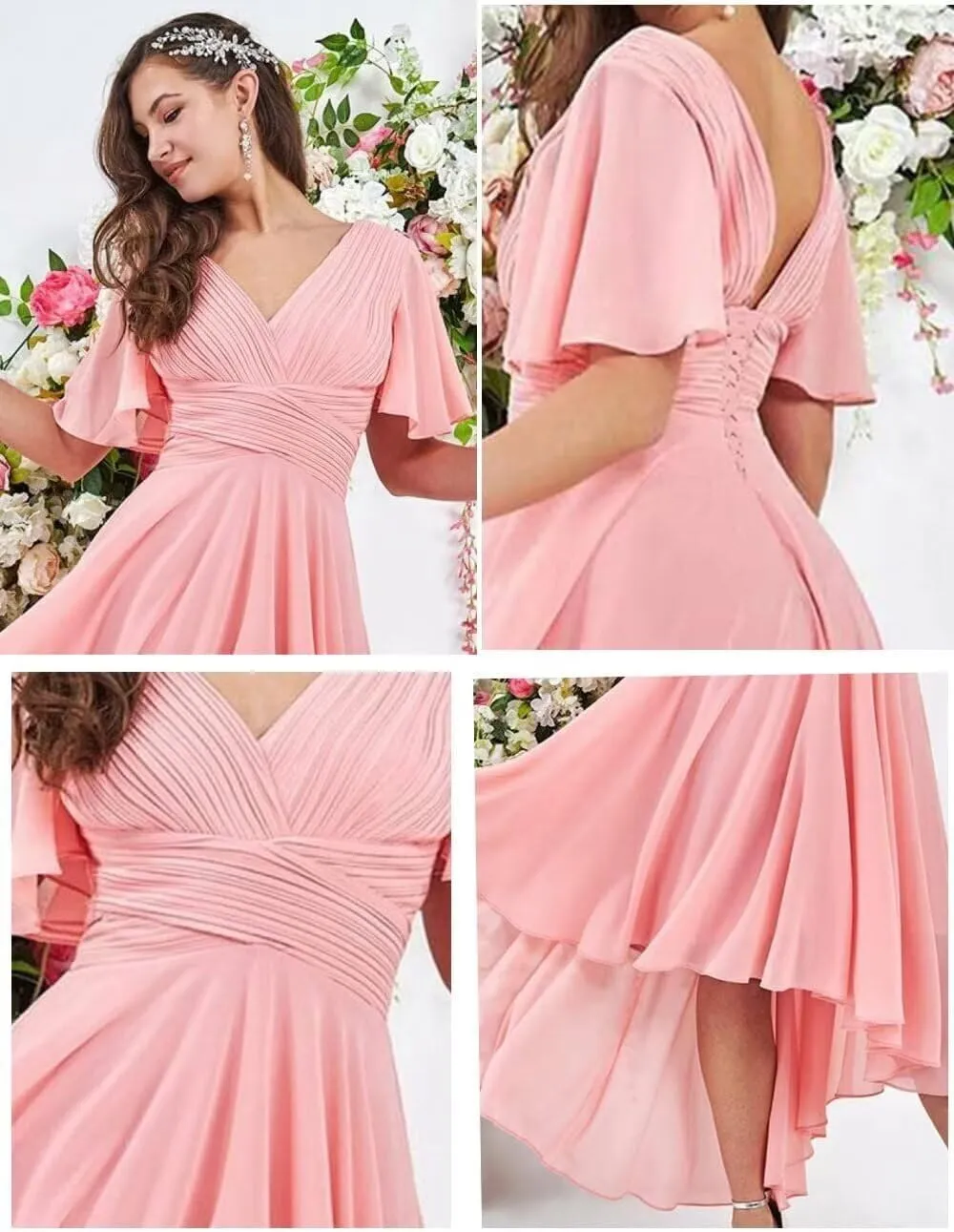 IIF Short Sleeve Bridesmaid Dresses with Pockets High Low Chiffon Formal Dresses for Women Wedding Guest IIF108