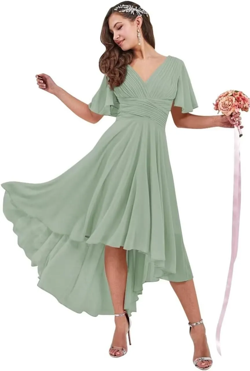 IIF Short Sleeve Bridesmaid Dresses with Pockets High Low Chiffon Formal Dresses for Women Wedding Guest IIF108