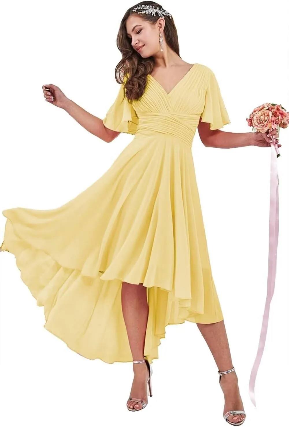 IIF Short Sleeve Bridesmaid Dresses with Pockets High Low Chiffon Formal Dresses for Women Wedding Guest IIF108