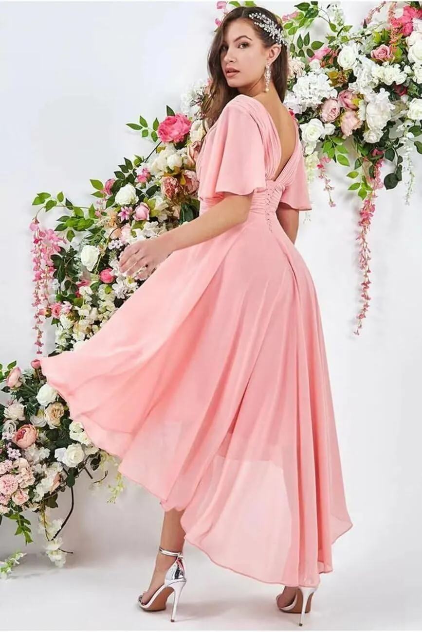 IIF Short Sleeve Bridesmaid Dresses with Pockets High Low Chiffon Formal Dresses for Women Wedding Guest IIF108