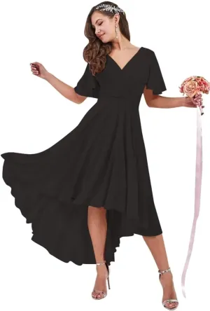 IIF Short Sleeve Bridesmaid Dresses with Pockets High Low Chiffon Formal Dresses for Women Wedding Guest IIF108