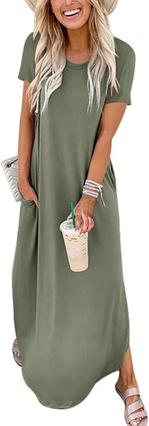 INKOFF Women Maxi Summer Dress Split Sundress Loose Casual Soft Shirt Dress Beach Trendy Vacation Outfit Resort Wear