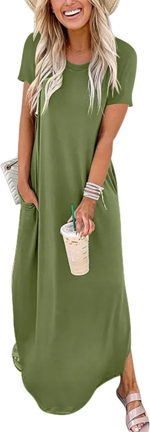 INKOFF Women Maxi Summer Dress Split Sundress Loose Casual Soft Shirt Dress Beach Trendy Vacation Outfit Resort Wear