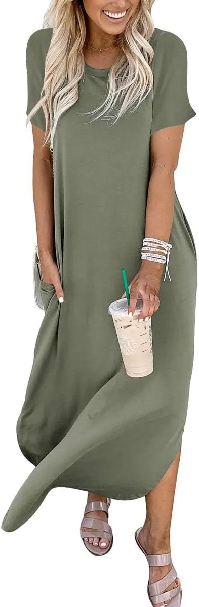 INKOFF Women Maxi Summer Dress Split Sundress Loose Casual Soft Shirt Dress Beach Trendy Vacation Outfit Resort Wear