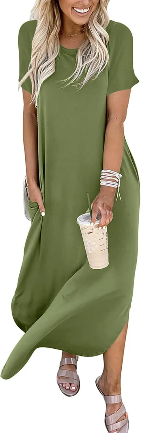 INKOFF Women Maxi Summer Dress Split Sundress Loose Casual Soft Shirt Dress Beach Trendy Vacation Outfit Resort Wear