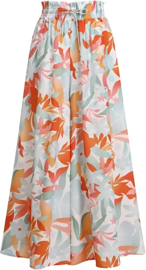 IWEMEK Women Casual Palazzo Long Pants Trousers High Waist Bowknot Wide Leg Pants Loose Fit Business Work Trousers for Women Dressy Plus Size with Pockets Colorful Floral Print S