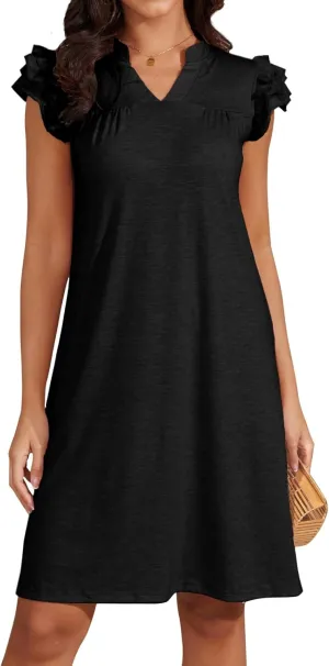 Jayscreate Women's 2025 Ruffle Sleeve A-line Dress T Shirt Flowy Swing Short Sleeve Summer Casual Beach Dress Sundress