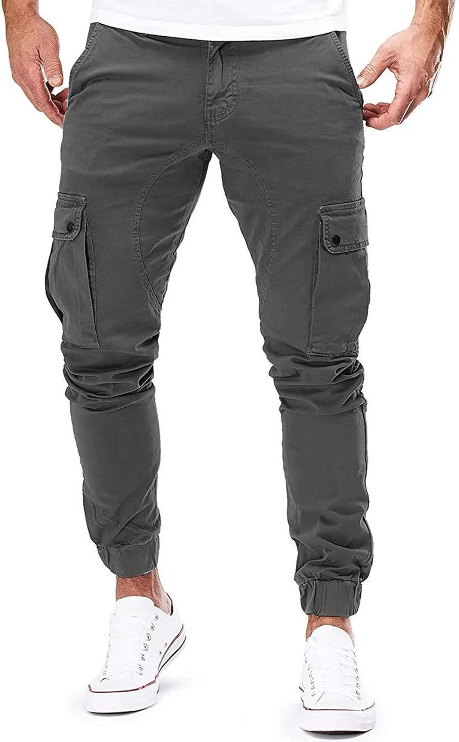 JEKE-DG Men's Slim Fit Ankle Cargo Pants Fashion Regular Casual Streetwear Pants Solid Distressed Pants with Pockets