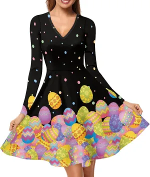 JooMeryer Womens Plus Size Easter Dress Eggs Hunt Bunny Long Sleeve V Neck Midi Dresses