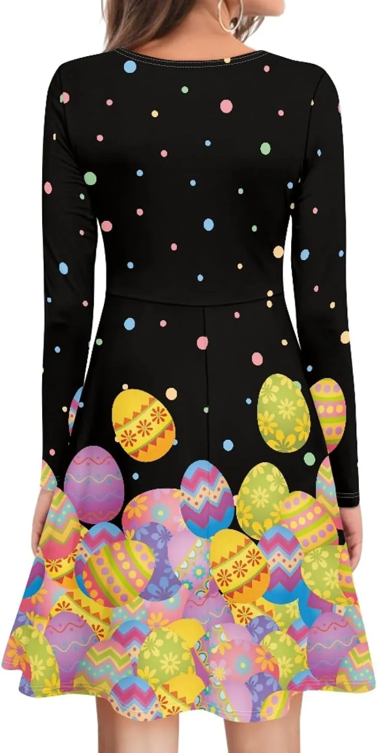 JooMeryer Womens Plus Size Easter Dress Eggs Hunt Bunny Long Sleeve V Neck Midi Dresses