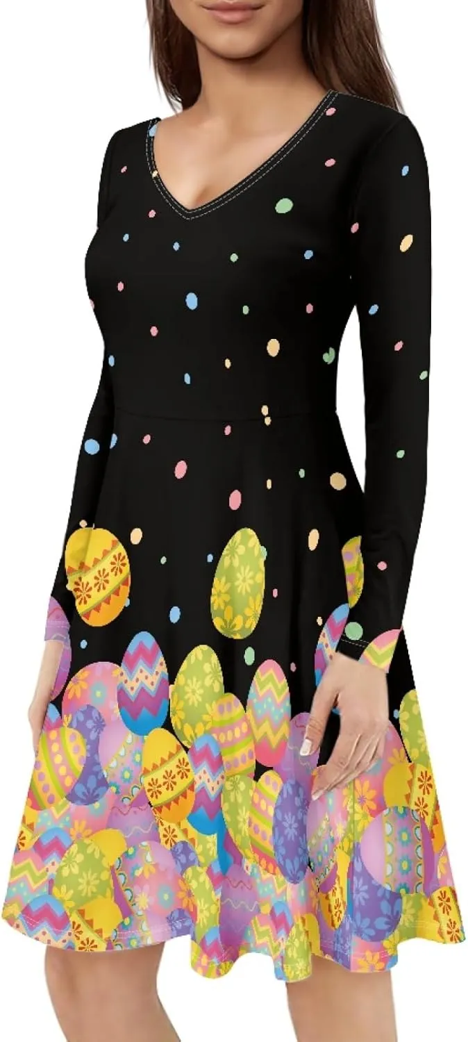 JooMeryer Womens Plus Size Easter Dress Eggs Hunt Bunny Long Sleeve V Neck Midi Dresses