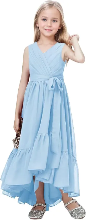 Junior Bridesmaid Dresses for Teen Girls High Low Ruffle Flower Girl Dress Chiffon V Neck Formal Gown