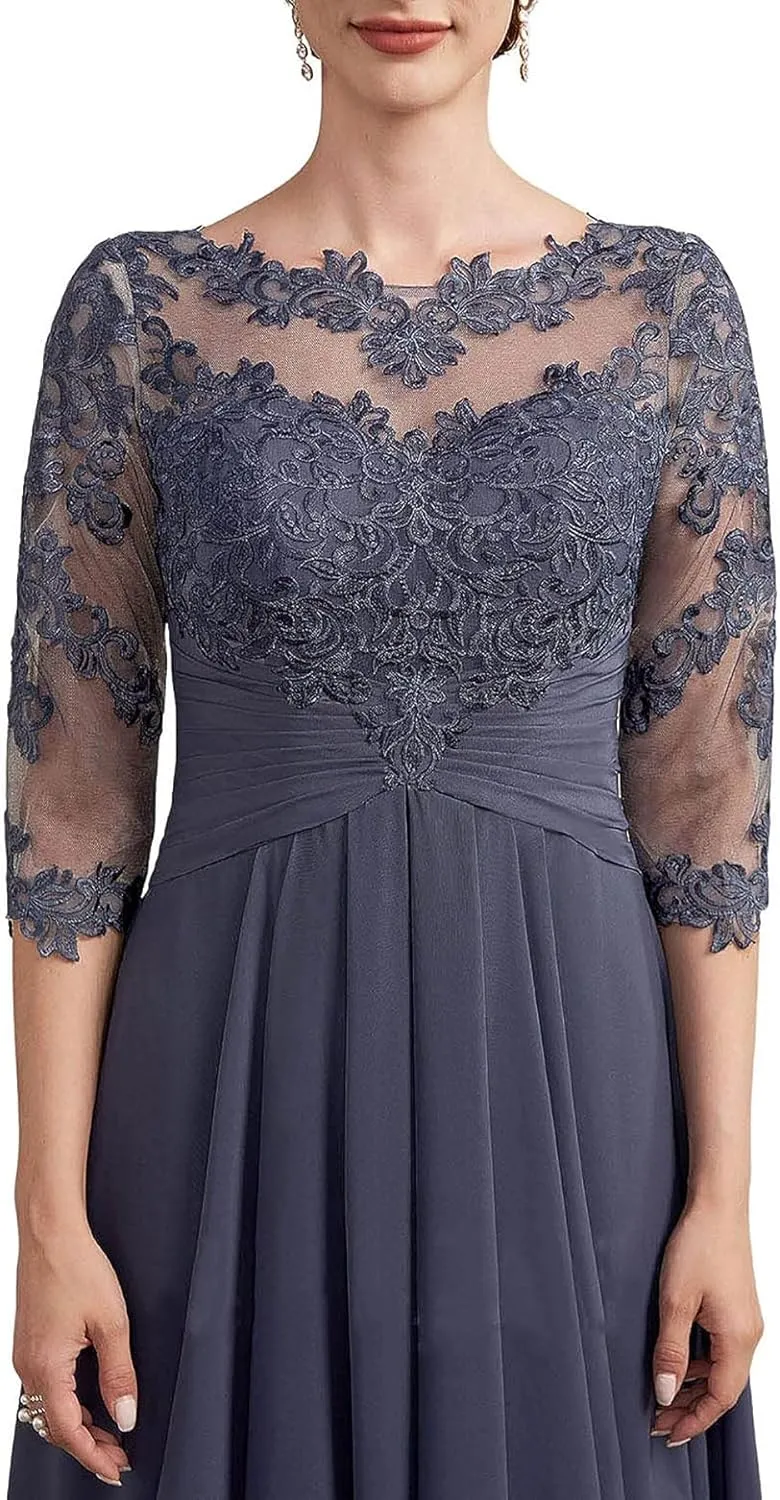 KDTM Tea Length Mother of The Bride Dresses for Wedding Half Sleeves Ruched Lace Chiffon Formal Evening Party Gown