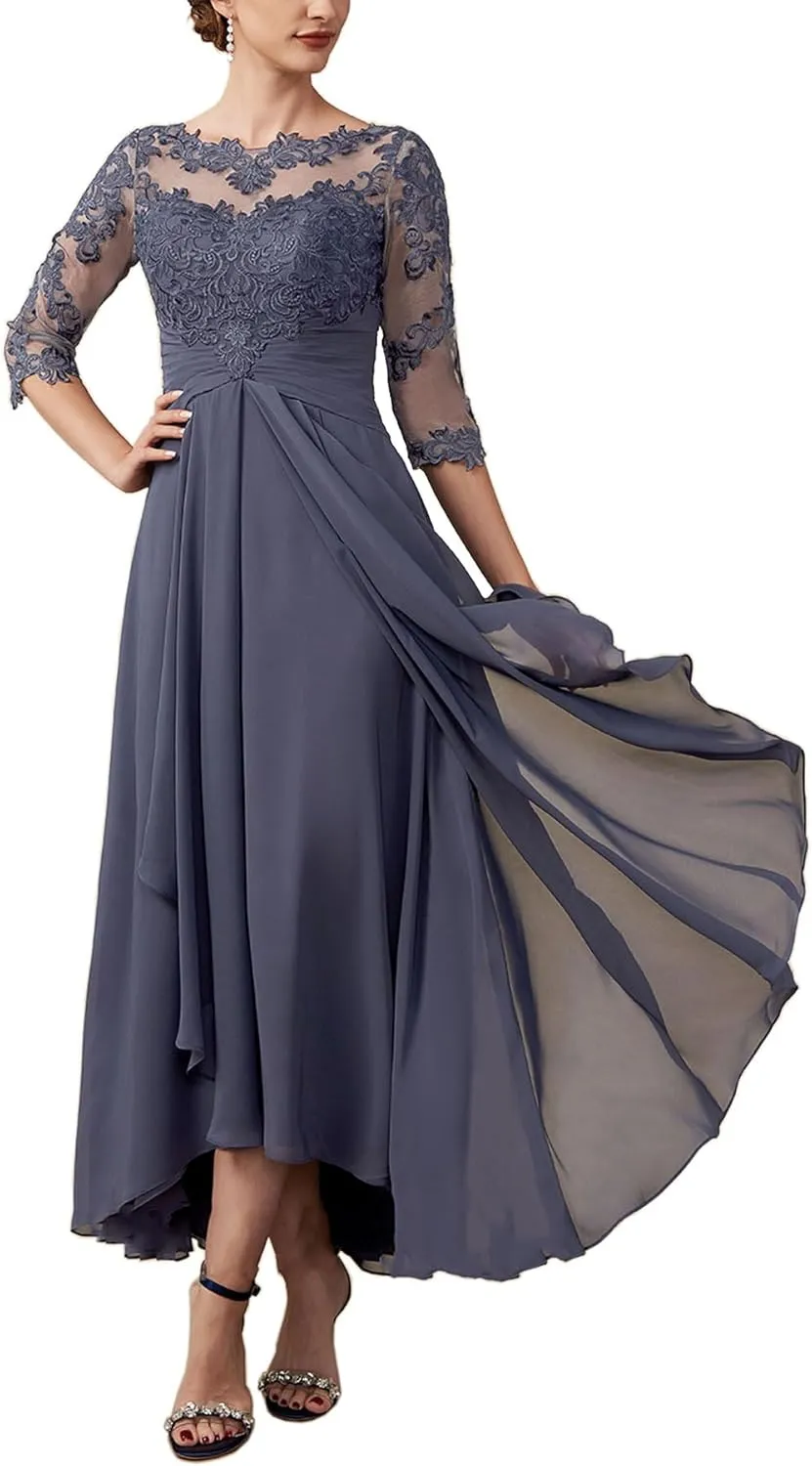 KDTM Tea Length Mother of The Bride Dresses for Wedding Half Sleeves Ruched Lace Chiffon Formal Evening Party Gown