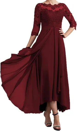 KDTM Tea Length Mother of The Bride Dresses for Wedding Half Sleeves Ruched Lace Chiffon Formal Evening Party Gown