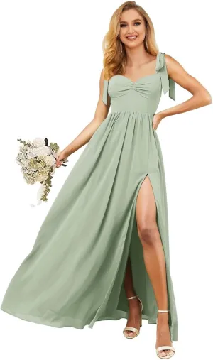 KDTM Tie-Strap Long Bridesmaid Dresses for Women A Line Chiffon Corest Formal Dress with Slit KD004