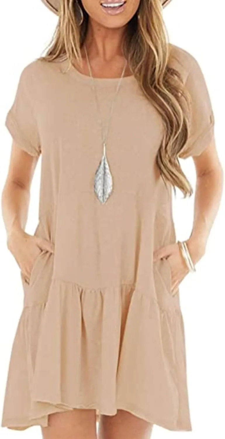 Kenvina Summer Dresses for Women 2025 T Shirt Dress Casual Short Sleeve Ruffle Hem Crewneck Loose Mini Dresses with Pockets