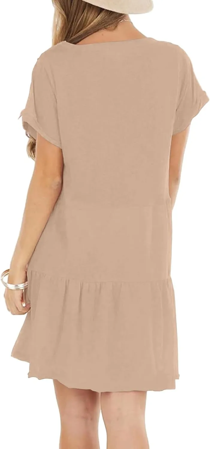 Kenvina Summer Dresses for Women 2025 T Shirt Dress Casual Short Sleeve Ruffle Hem Crewneck Loose Mini Dresses with Pockets