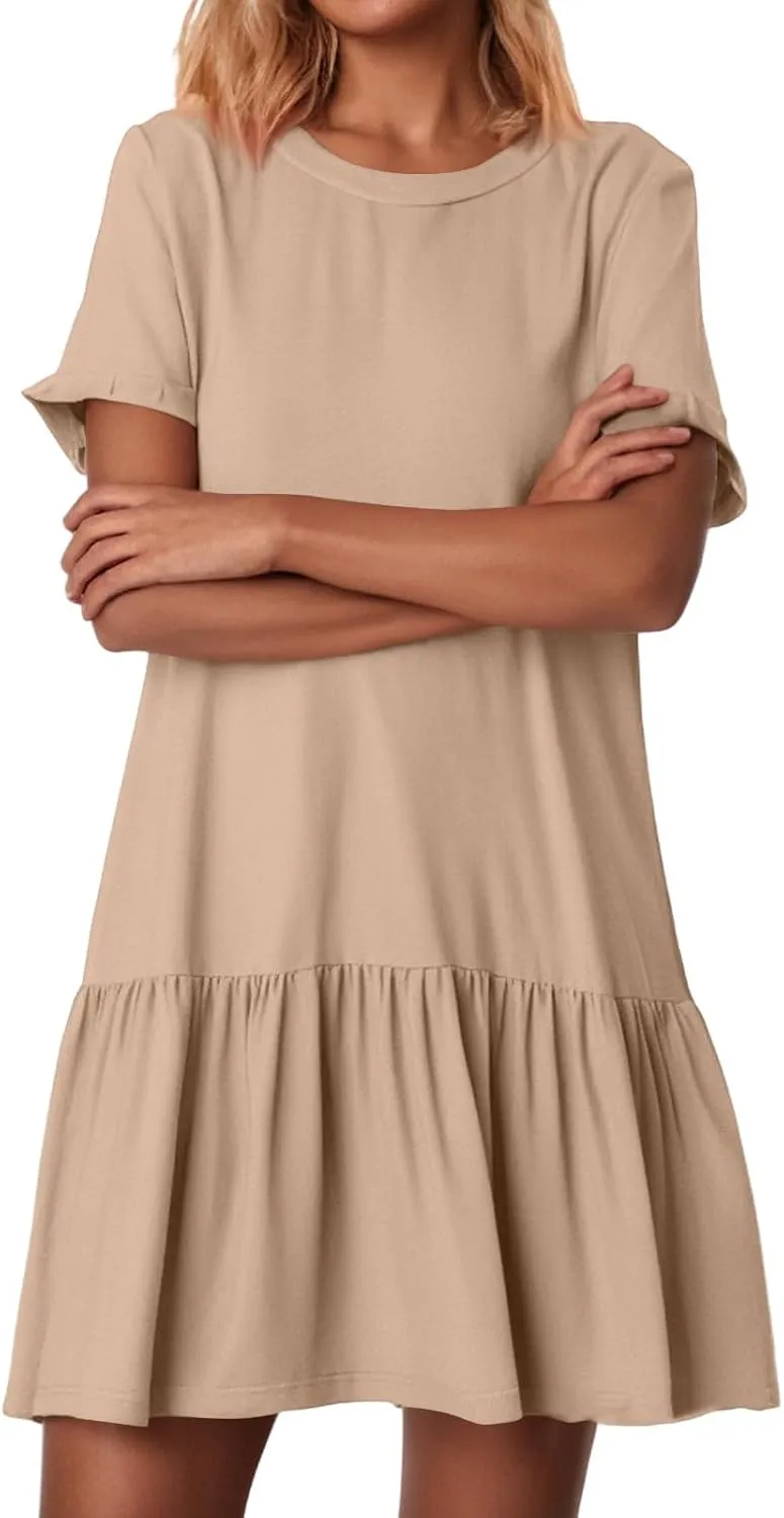 Kenvina Summer Dresses for Women 2025 T Shirt Dress Casual Short Sleeve Ruffle Hem Crewneck Loose Mini Dresses with Pockets