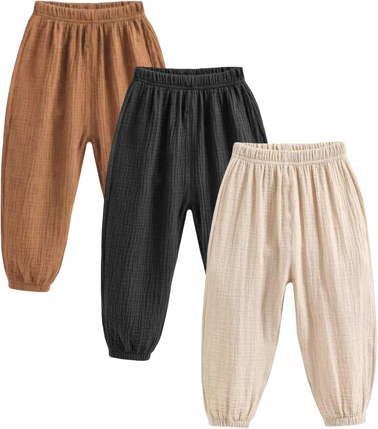 Kids Baby Boys Girls 3 Pack Cotton Linen Pants Casual Soft Elastic Long Bloomers Ankle Length Harem Pants Trousers