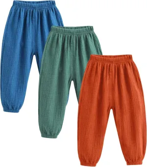 Kids Baby Boys Girls 3 Pack Cotton Linen Pants Casual Soft Elastic Long Bloomers Ankle Length Harem Pants Trousers