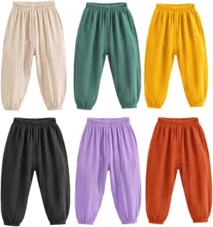 Kids Baby Boys Girls 3 Pack Cotton Linen Pants Casual Soft Elastic Long Bloomers Ankle Length Harem Pants Trousers