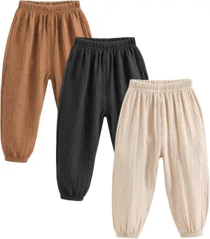 Kids Baby Boys Girls 3 Pack Cotton Linen Pants Casual Soft Elastic Long Bloomers Ankle Length Harem Pants Trousers