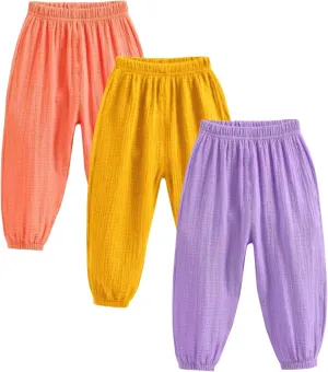 Kids Baby Boys Girls 3 Pack Cotton Linen Pants Casual Soft Elastic Long Bloomers Ankle Length Harem Pants Trousers