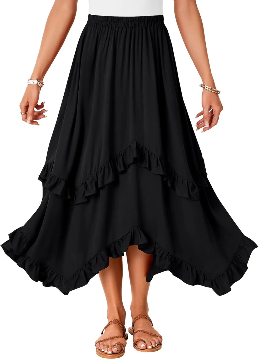 KIFOVEN Womens Summer Boho Skirt Tiered Ruffle Flowy A-Line Swing Asymmetric Hem Beach Long Maxi Skirt
