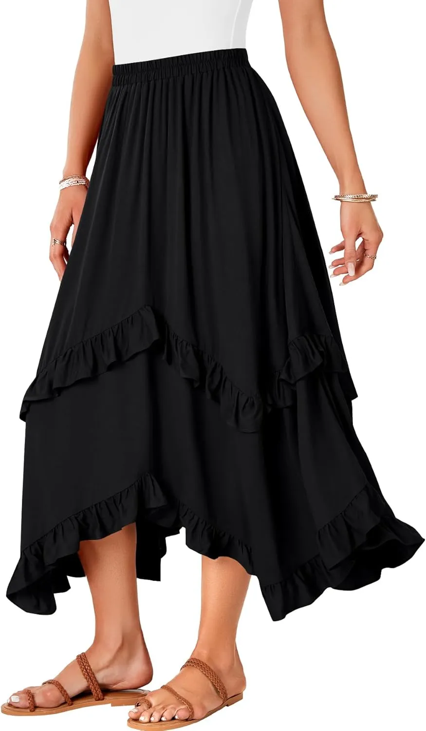 KIFOVEN Womens Summer Boho Skirt Tiered Ruffle Flowy A-Line Swing Asymmetric Hem Beach Long Maxi Skirt
