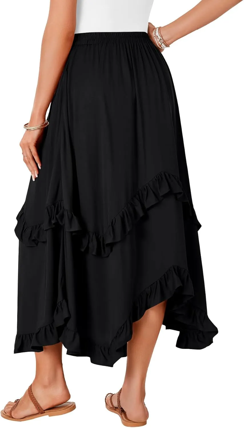 KIFOVEN Womens Summer Boho Skirt Tiered Ruffle Flowy A-Line Swing Asymmetric Hem Beach Long Maxi Skirt