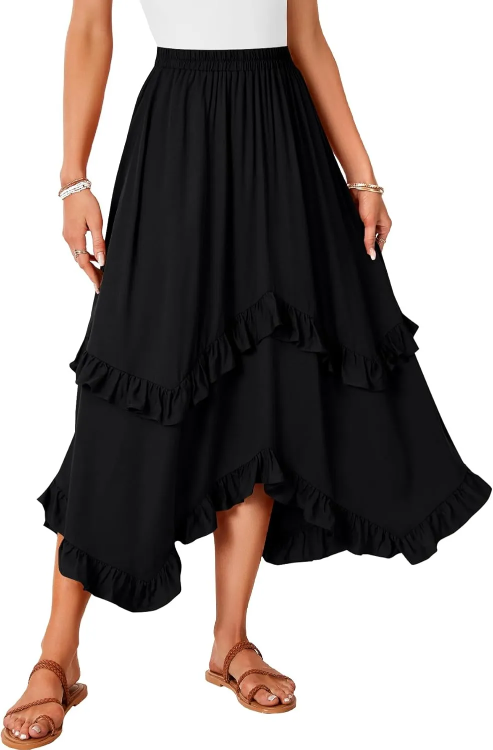 KIFOVEN Womens Summer Boho Skirt Tiered Ruffle Flowy A-Line Swing Asymmetric Hem Beach Long Maxi Skirt