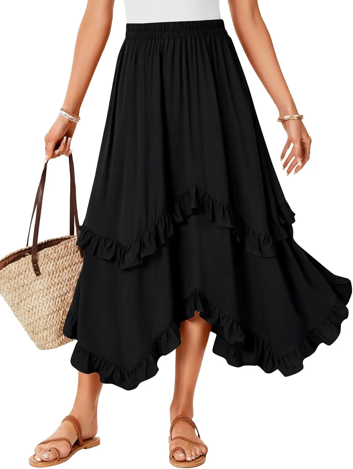KIFOVEN Womens Summer Boho Skirt Tiered Ruffle Flowy A-Line Swing Asymmetric Hem Beach Long Maxi Skirt