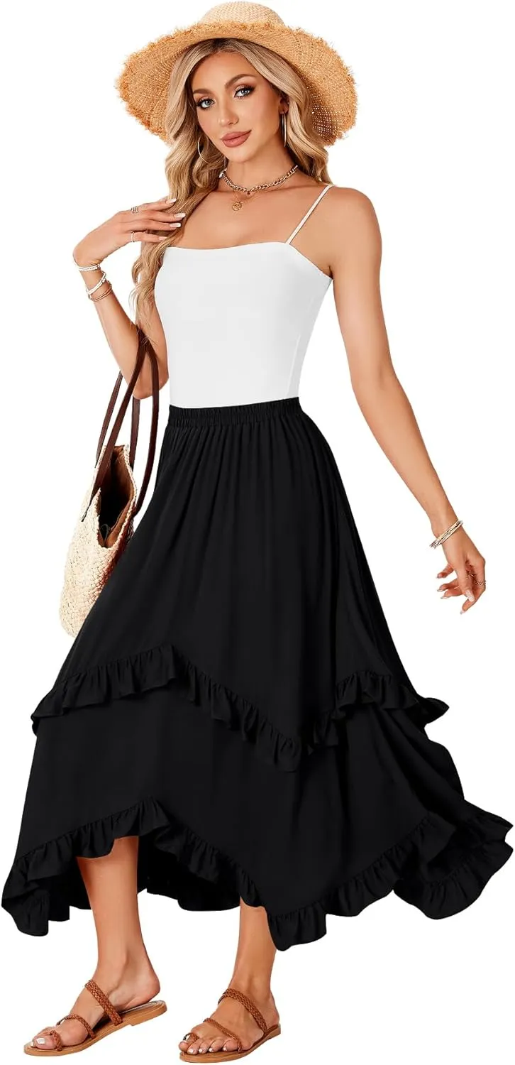 KIFOVEN Womens Summer Boho Skirt Tiered Ruffle Flowy A-Line Swing Asymmetric Hem Beach Long Maxi Skirt