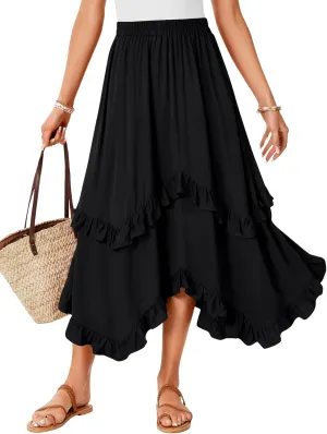 KIFOVEN Womens Summer Boho Skirt Tiered Ruffle Flowy A-Line Swing Asymmetric Hem Beach Long Maxi Skirt
