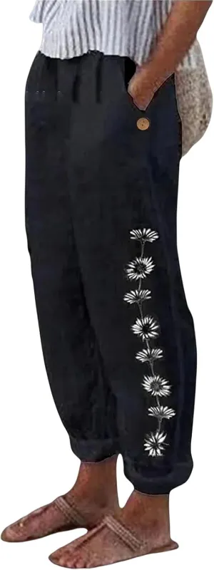 Kubbon Women's Linen Pants High Waisted Wide Leg Sweatpants Casual Lightweight Loose Elastic Waist Trousers with Pockets
