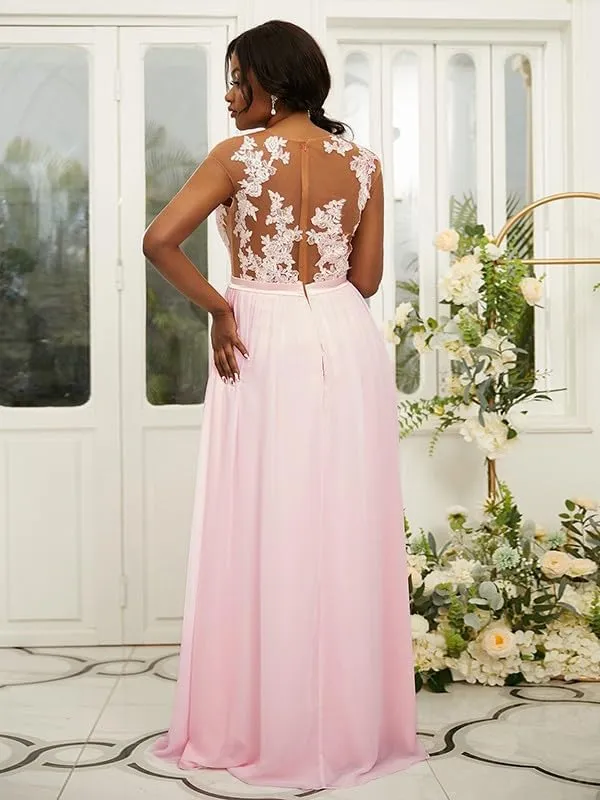 Lace Applique Chiffon Long Bridesmaid Dresses Scoop Neck Formal Evening Gown A Line High Slit Wedding Party Dress